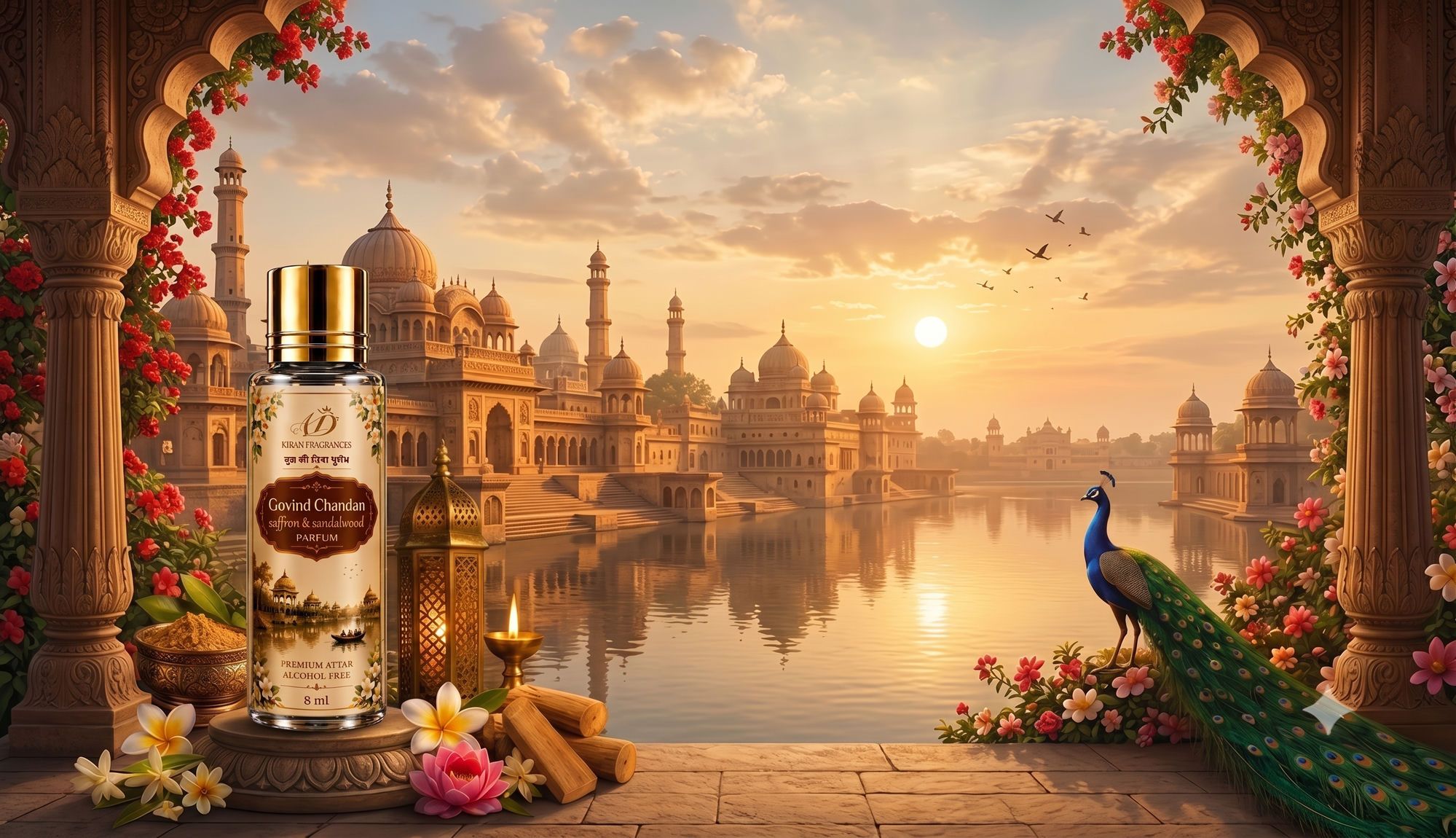 Sunset over the temples and ghats of Braj, framed by a flower-draped archway