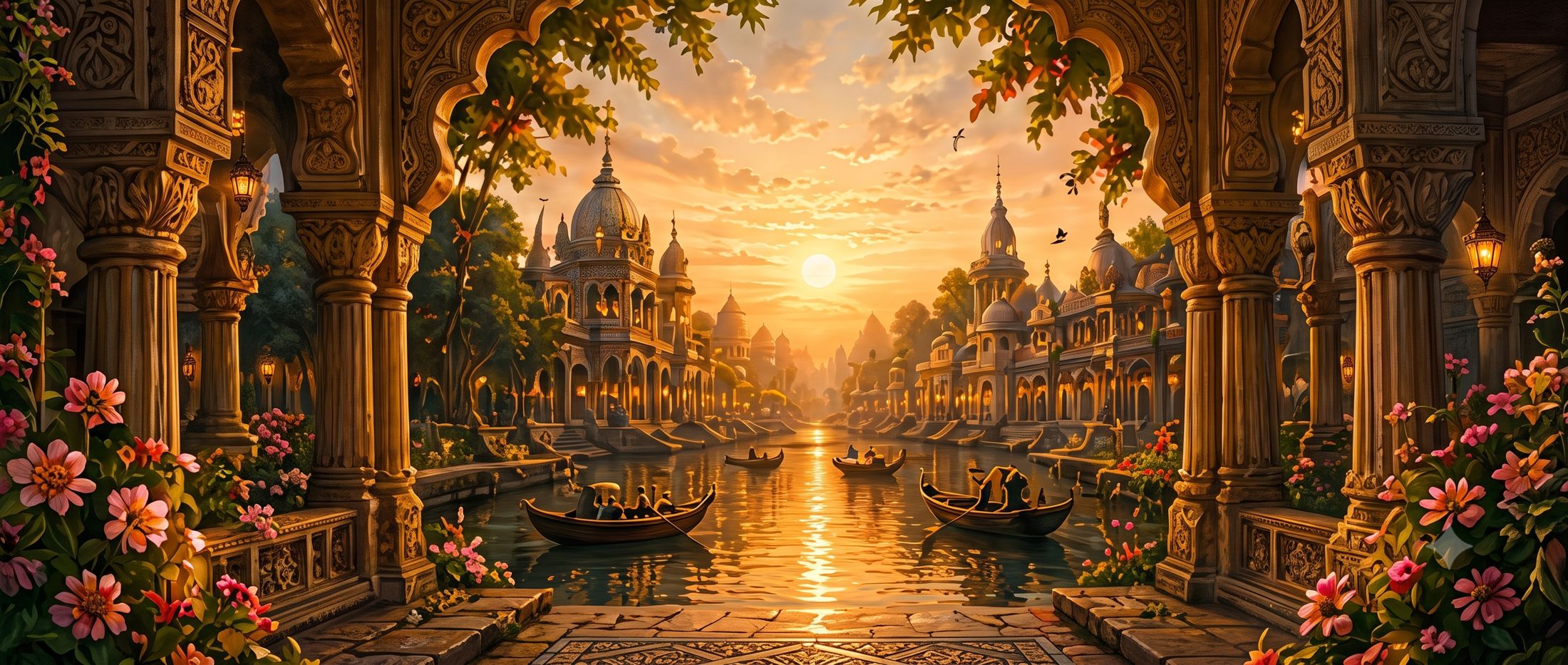Sunset over the ghats and temples of Braj